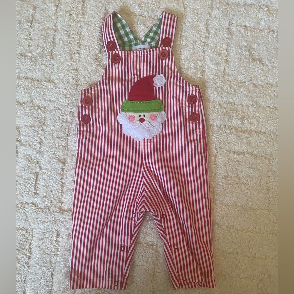 Mud Pie Smocked Santa Christmas Overalls Sz 12-18M